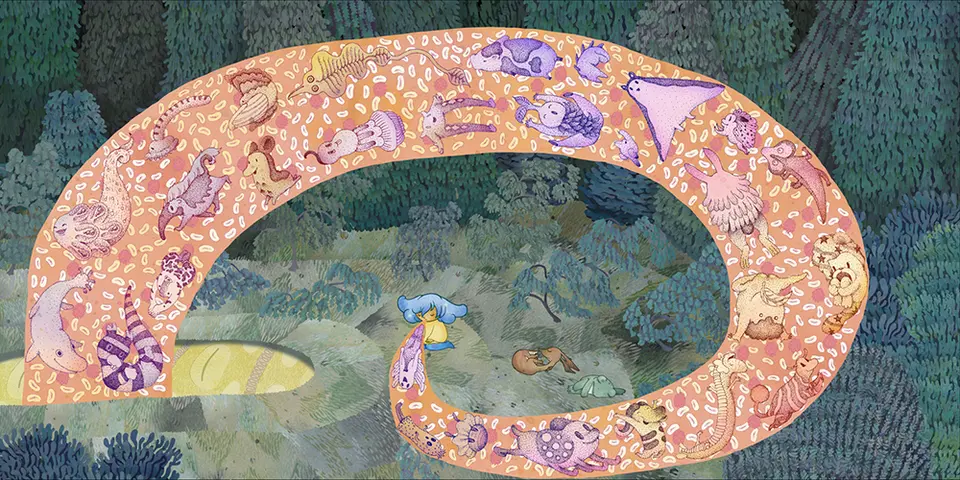 「The HOLE」のイラスト。無数の生きものが渦を描く輪の中心に、青い髪の子供が佇む様子