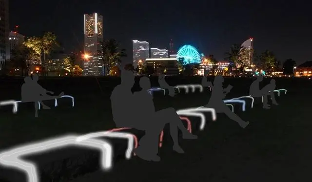 「ChAir」のデザインイメージ。ベンチに座る人々のシルエットと、輪郭が光る石型ベンチのレンダリング