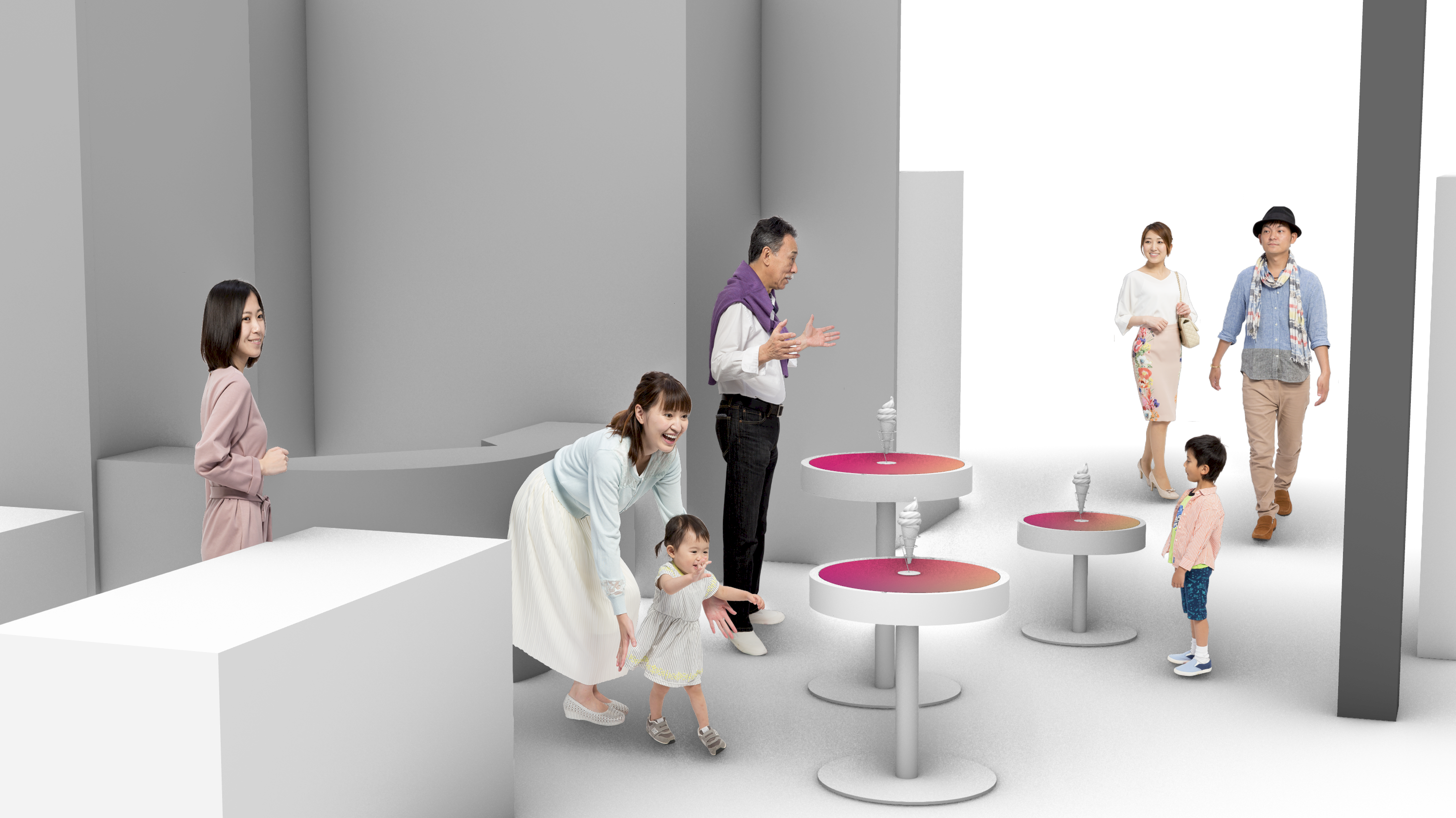 ソフトクリームを置くと特別な演出が始まるテーブル「Magical soft ice」のイメージ。テーブルを囲む来場者たち